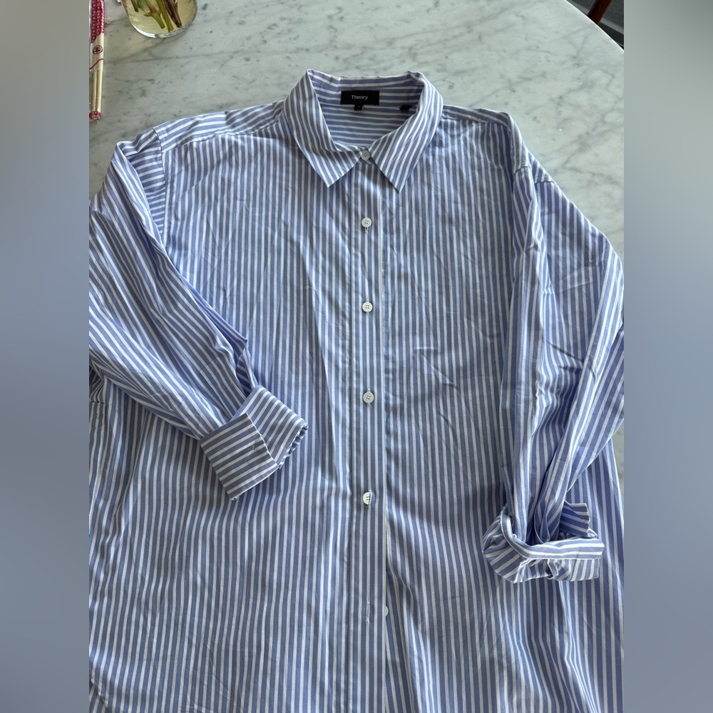 Theory Oversized Blue and White Striped Blouse